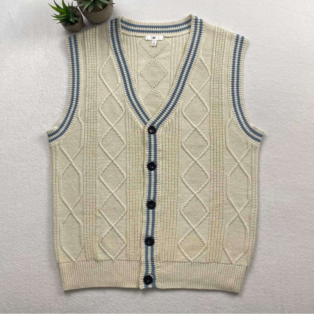 BP Oversized Varsity Stripe Cable Knit V Neck Cardigan Sweater Vest (Ivory/Blue)